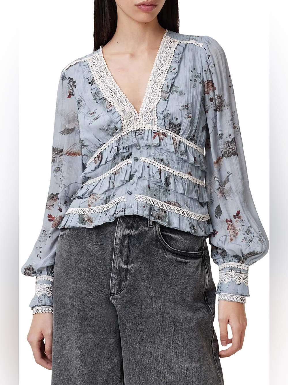 NWOT ALL SAINTS Zora Tiered Floral
Long Sleeve Top in Original Bluebird 
Size 8